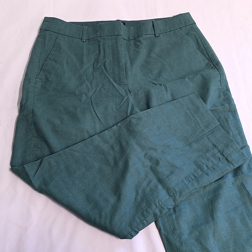 J.Crew Kallie Pant Women 12P Green Linen Cotton Straight Leg Cropped Trousers